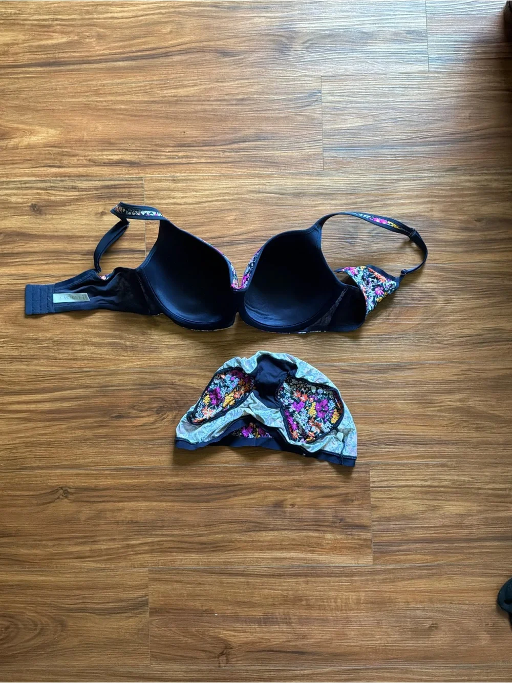 Cacique Navy Floral Bra & Brief Set with Pink, Yellow & White Flowers